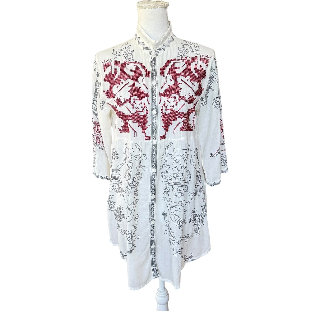 Biya Johnny Was Embroidered Button Up Tunic Shirt White Red Black‎ Boho Small